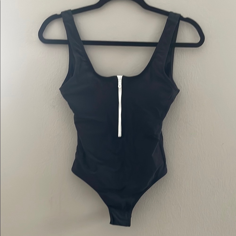Brazilian Black One-Piece Swimsuit with White Zipper